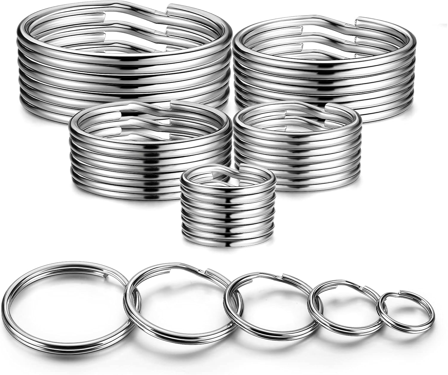 YHYZ split key ring assorted pack front view showing multiple sizes of durable metal loops for secure organization.