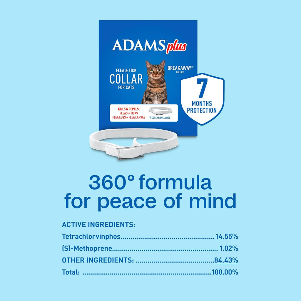 Detailed ingredients list on Adams Plus flea collar packaging