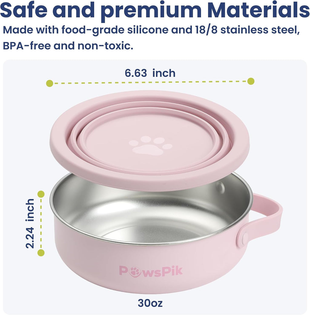 Complete PawsPik travel bowl set demonstrating the separate food and water sections.
