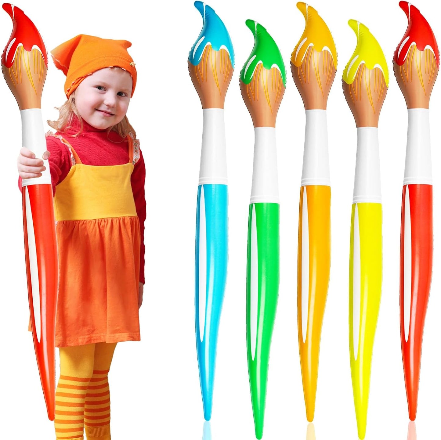 Demonwer giant inflatable paint brush kit front view showcasing vibrant primary colors for school party backdrops.