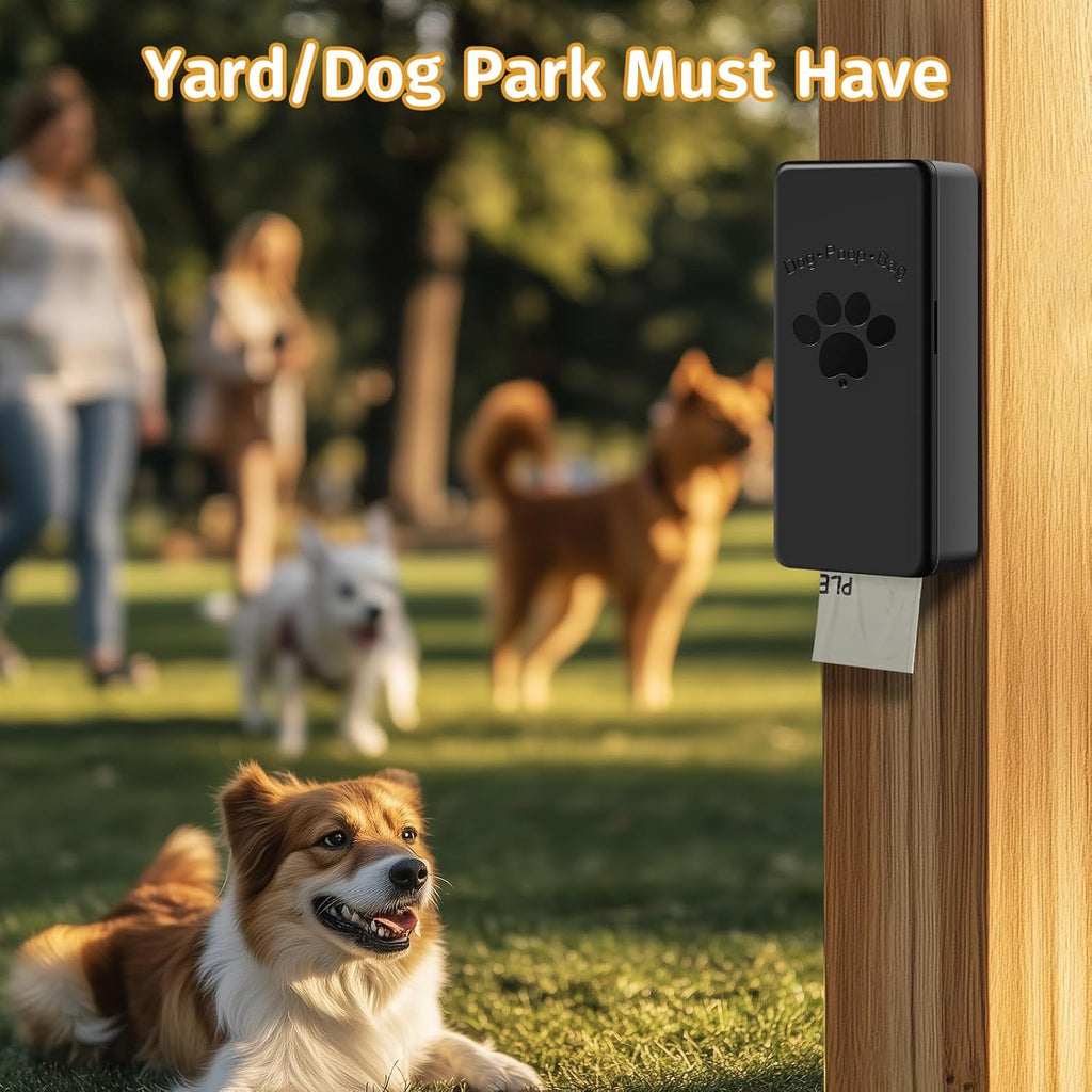 Qeerable outdoor pet waste station with the magnetic door open revealing four stored bag rolls.