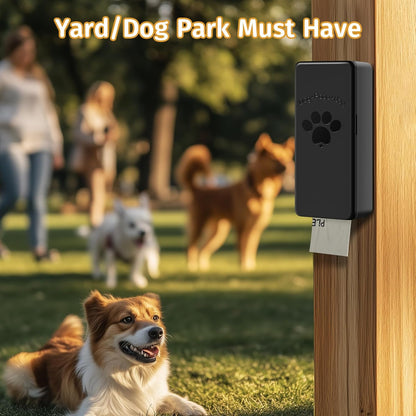 Qeerable outdoor pet waste station with the magnetic door open revealing four stored bag rolls.