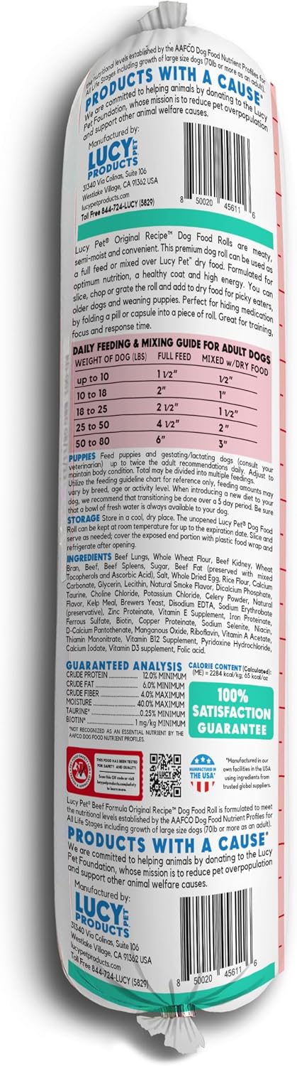Lucy Pet Products beef dog food roll 4 pound packaging