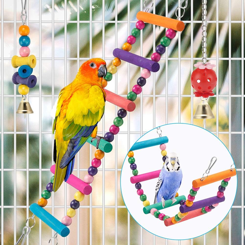lovyoCoCo bird wooden swing toy hanging inside a cage