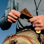 Loon Outdoors fly fishing amadou tool illustrating the debossed brand logo on premium leather.