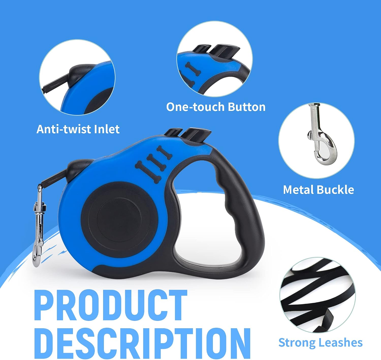 Ergonomic non-slip handle of blue dog leash