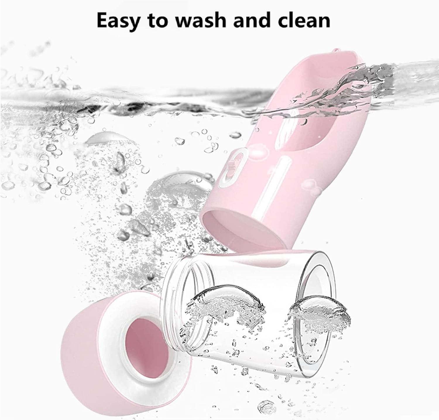 Dishwasher safe pink dog water bottle being taken apart for cleaning