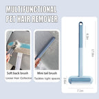 Long handle pet fur removal tool removing stubborn cat hair from living room carpet