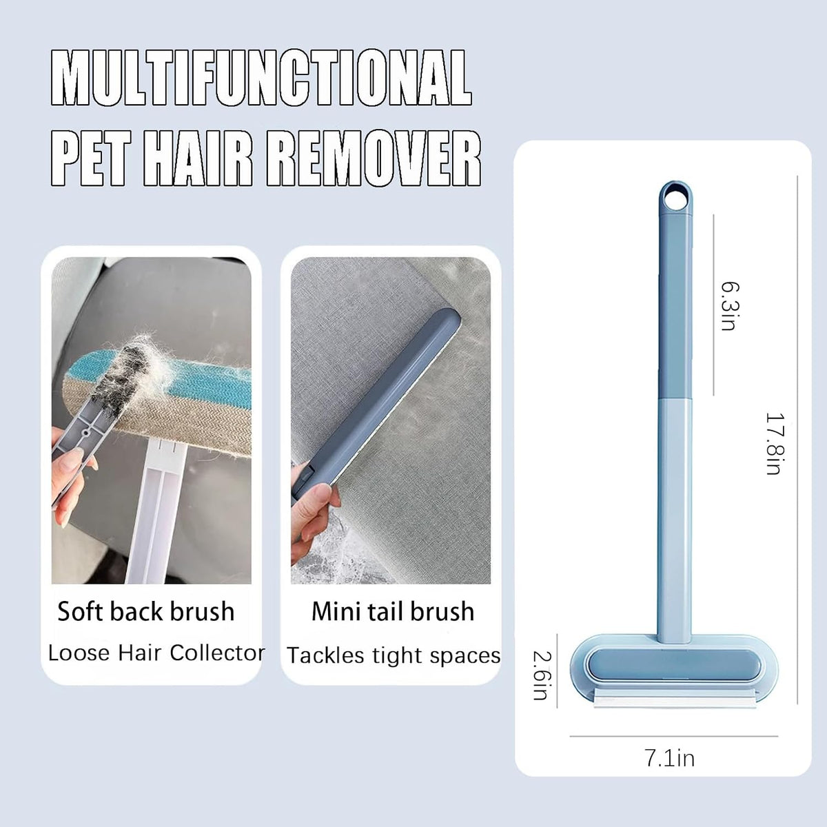 Long handle pet fur removal tool removing stubborn cat hair from living room carpet