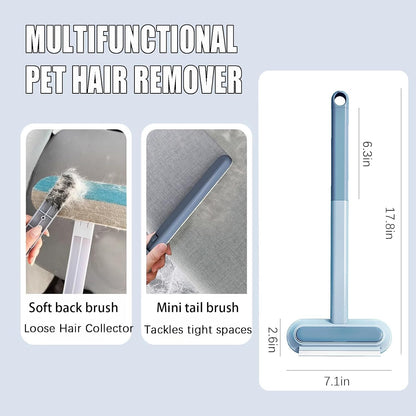 Long handle pet fur removal tool removing stubborn cat hair from living room carpet