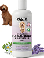 Premium 4-in-1 dog shampoo moisturizer and detangler for matted pet coats.