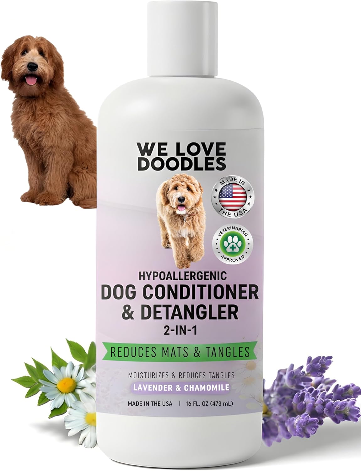 Premium 4-in-1 dog shampoo moisturizer and detangler for matted pet coats.