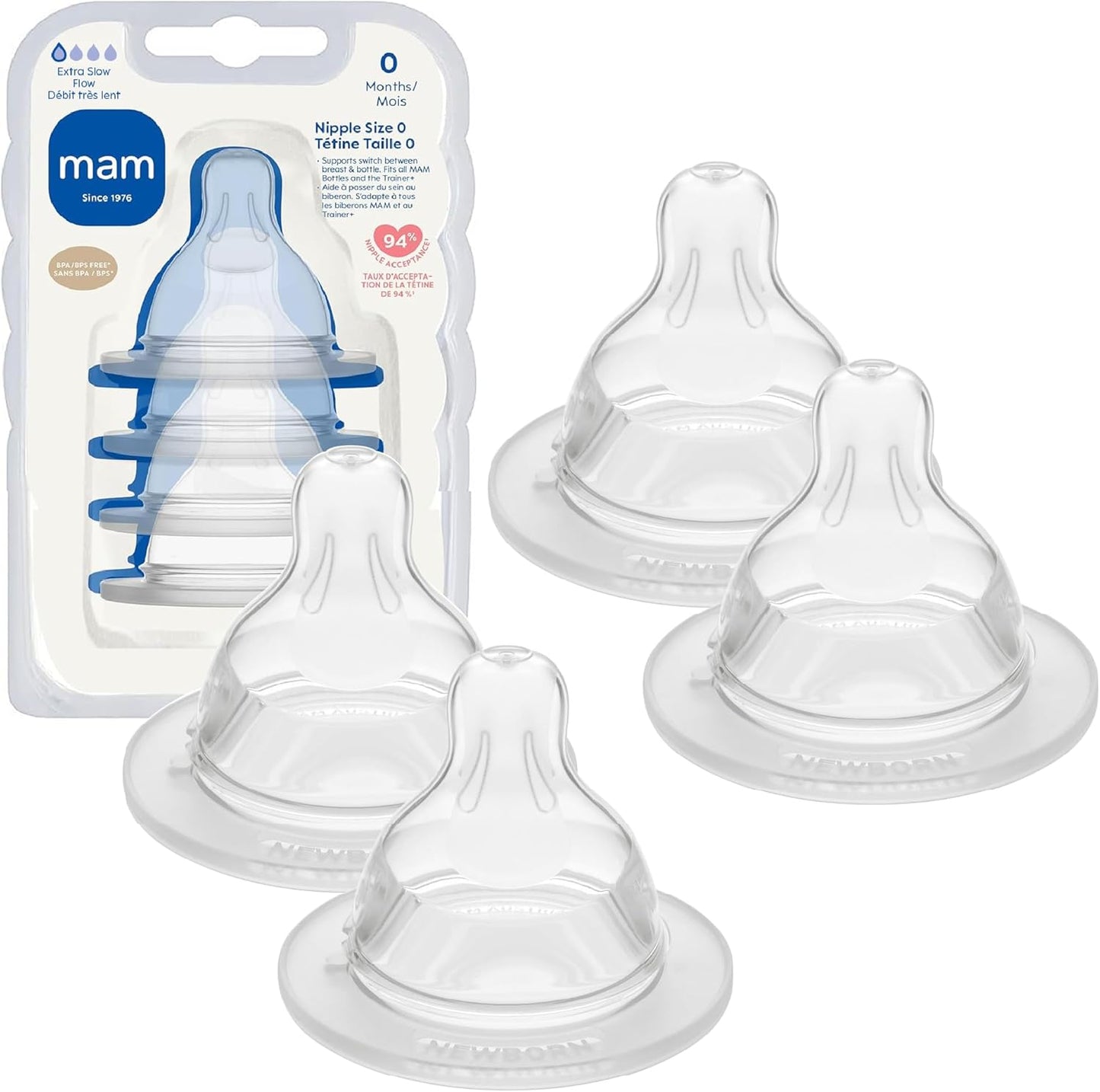 MAM Baby Bottle Nipples Extra Slow Flow Size Zero pack front view showing authentic silicone design.