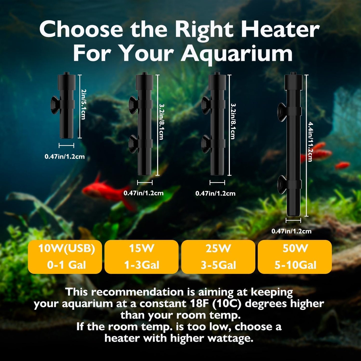 Compact 10W aquarium heater package contents