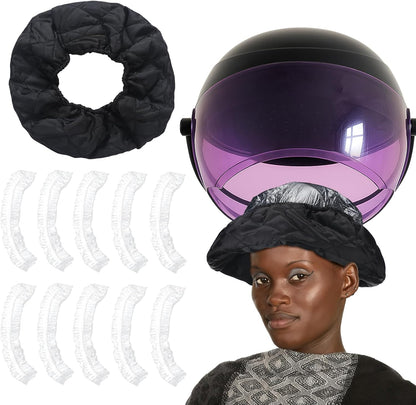 Fiwochic hair dryer heat shield front view highlighting the adjustable black bonnet attachment.