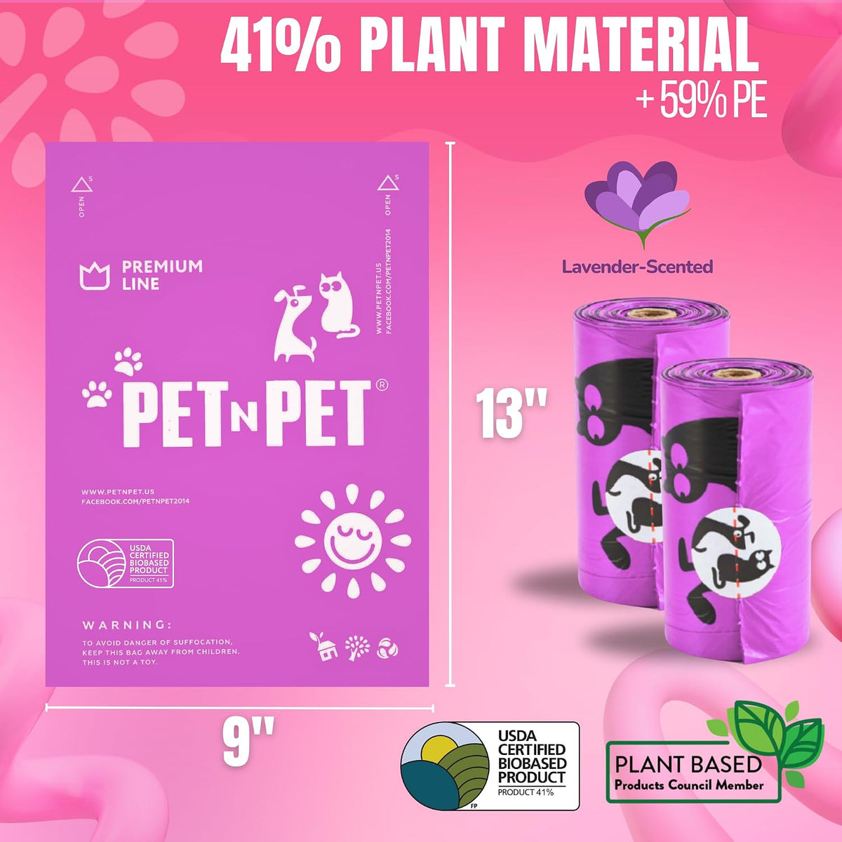 USDA certified plant based pet waste bags roll showing easy tear perforations