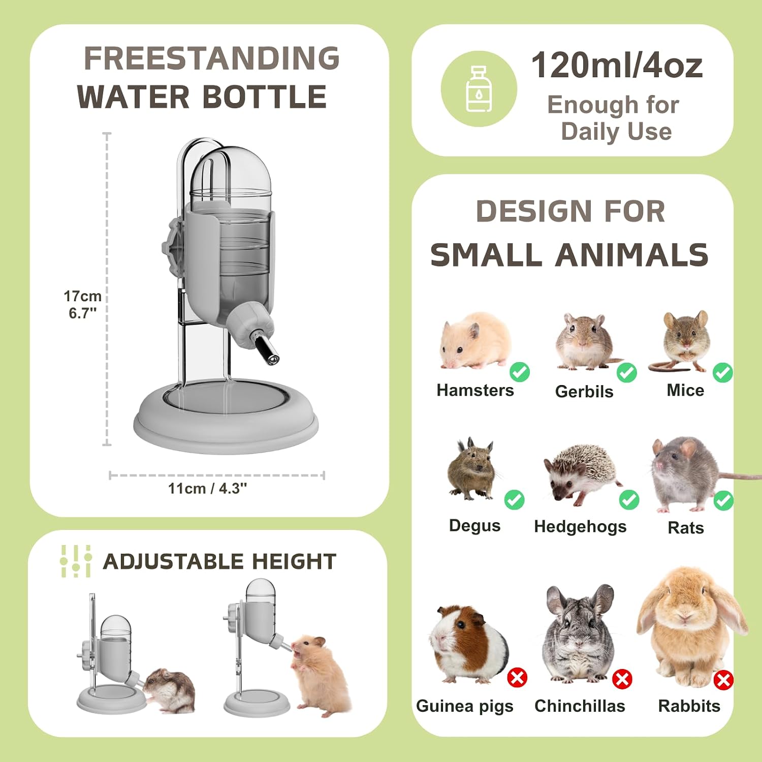 Hamster Water Bottle with Stand, 4oz Water Dispenser for Syrian Dwarf Hamsters Gerbils Mice Rats Degus (Gray) - Image 4