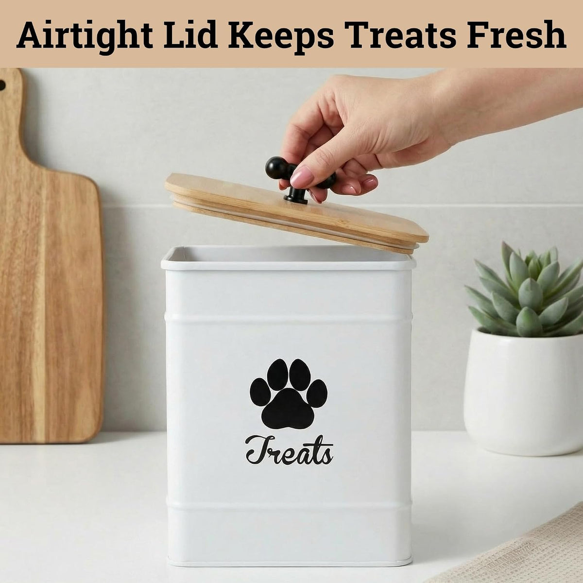 Open dog treat canister showing rubber-lined airtight bamboo lid