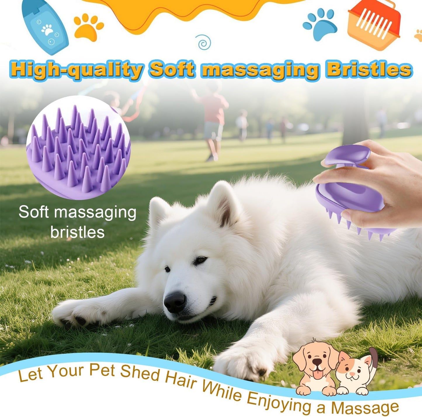 Rich shampoo lathering process using the Peehss rubber curry brush during pet bath
