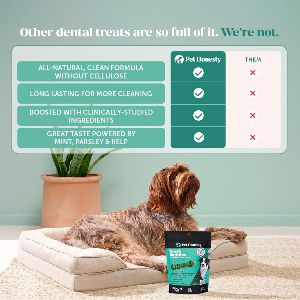 Pet Honesty Brush Buddies fifteen count bag showing the dental health benefits for dogs twenty five to fifty pounds.