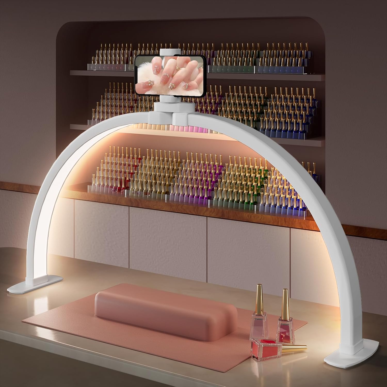Uiopy TOELOVE half moon nail desk light front view showing the white 29 inch arch structure.