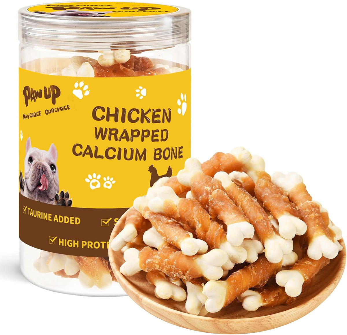 PAWUP Chicken Wrapped Puppy Chew Bones transparent plastic jar front view