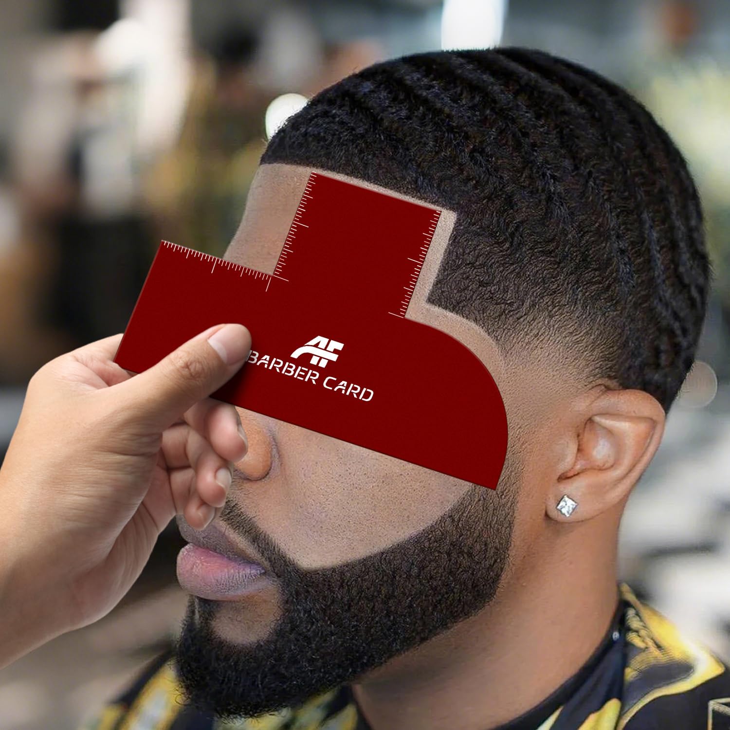 CourtStencil enhancement card for barbers front view showing precise measurement scales.