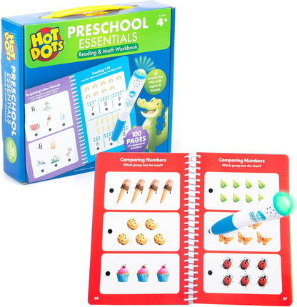 Educational Insights Hot Dots Preschool Essentials workbook set front view featuring two activity books and the smart electronic pen
