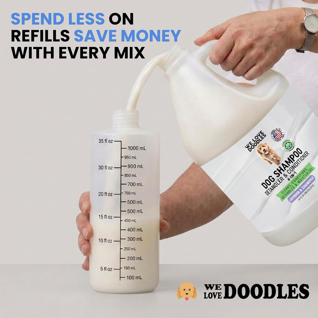 Close up of clear dilution markings on the We Love Doodles dog shampoo bottle