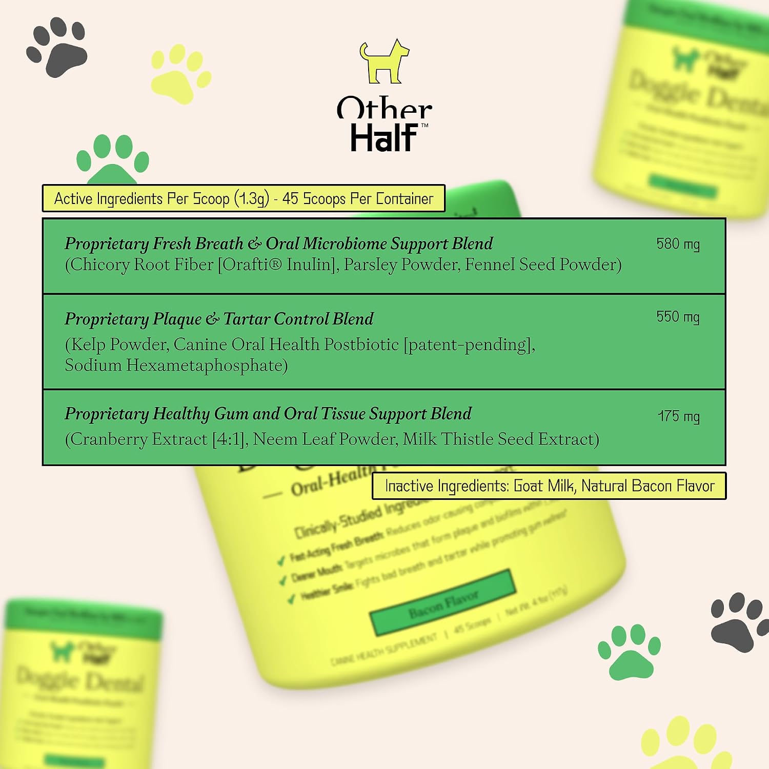 Side panel view highlighting plaque and tartar control benefits for pet teeth cleaning