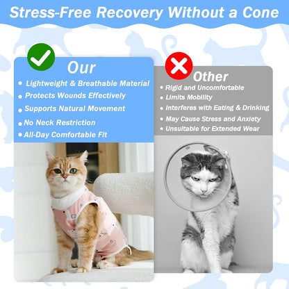 Cat wearing Coppthinktu surgical recovery suit showing U-shaped rear opening