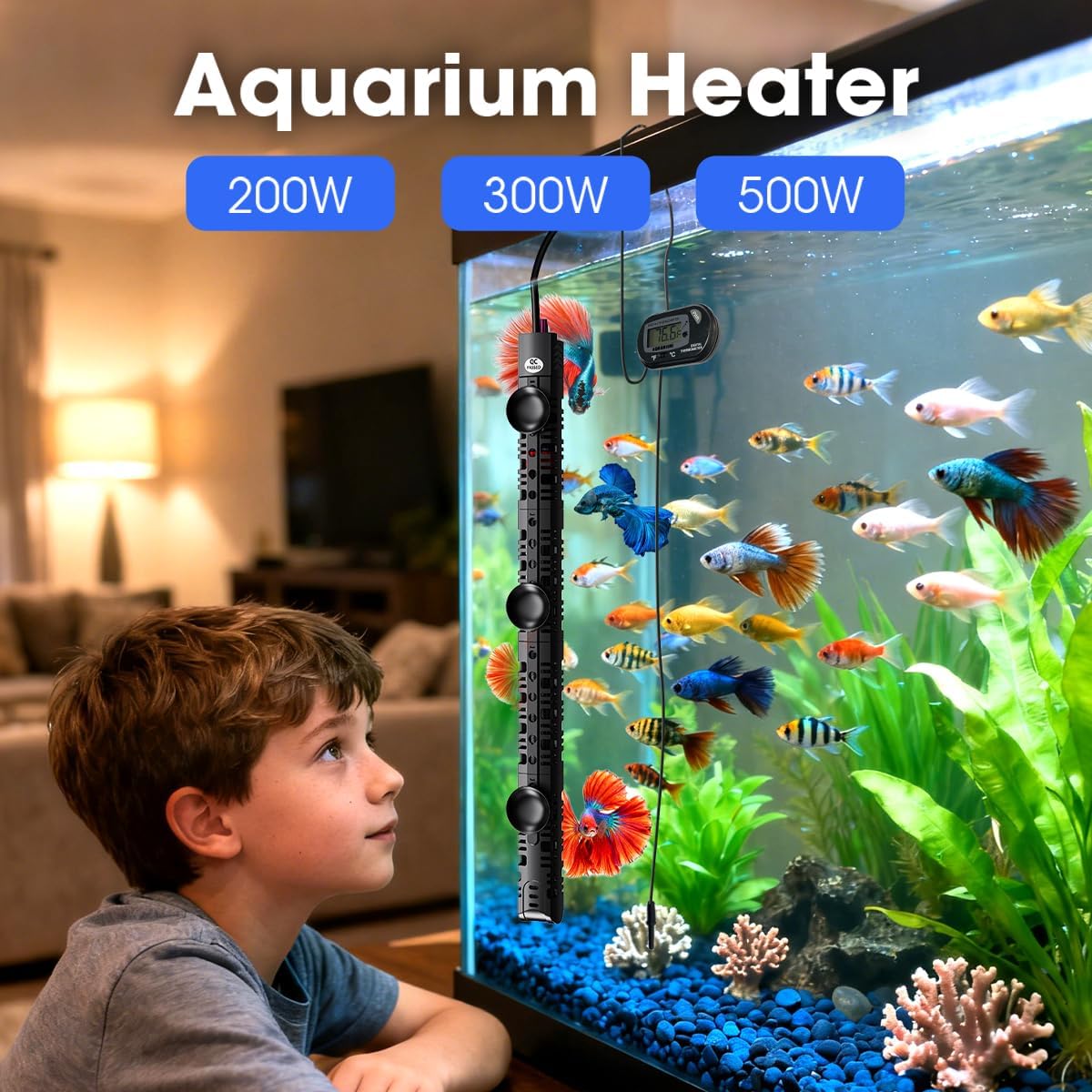 MQ submersible aquarium heater front view showcasing the digital thermometer