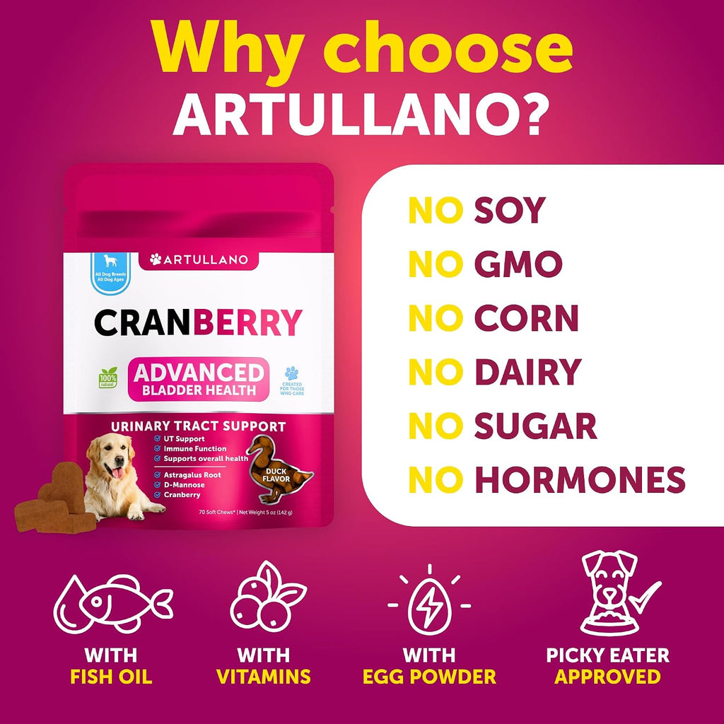 Artullano dog urinary tract chews daily pet wellness supplement details.