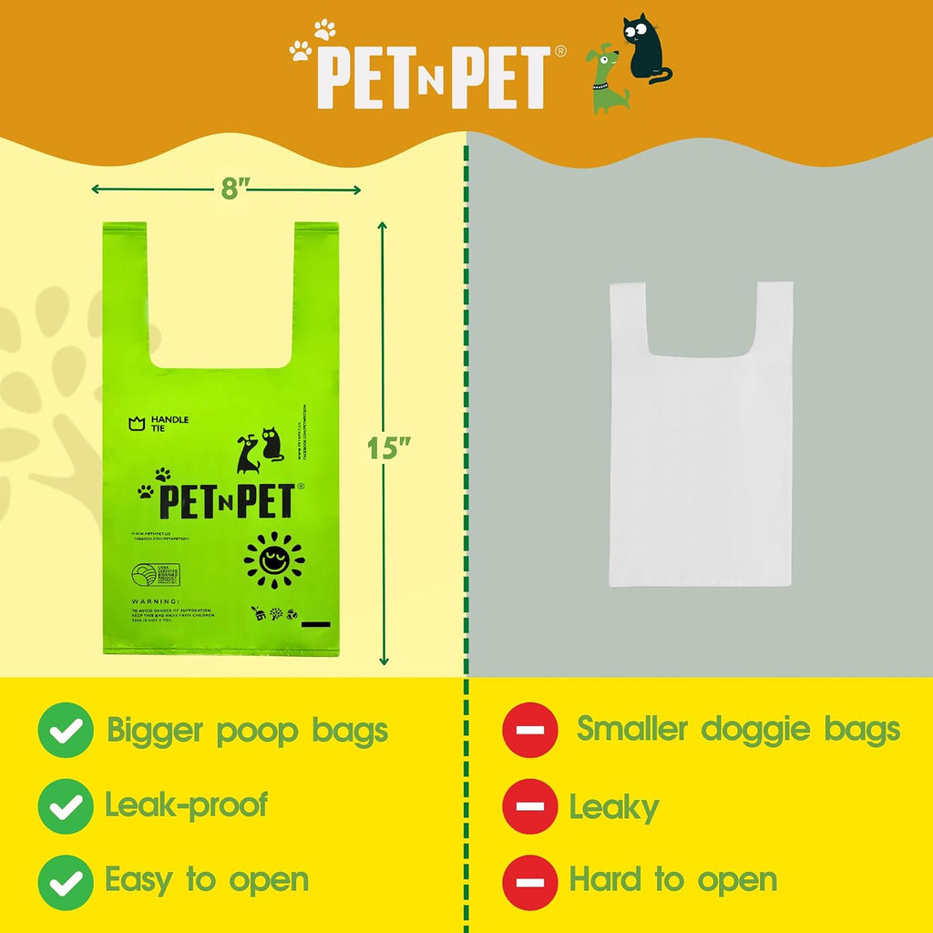 Close up of extra thick green dog waste bag with convenient tie handles