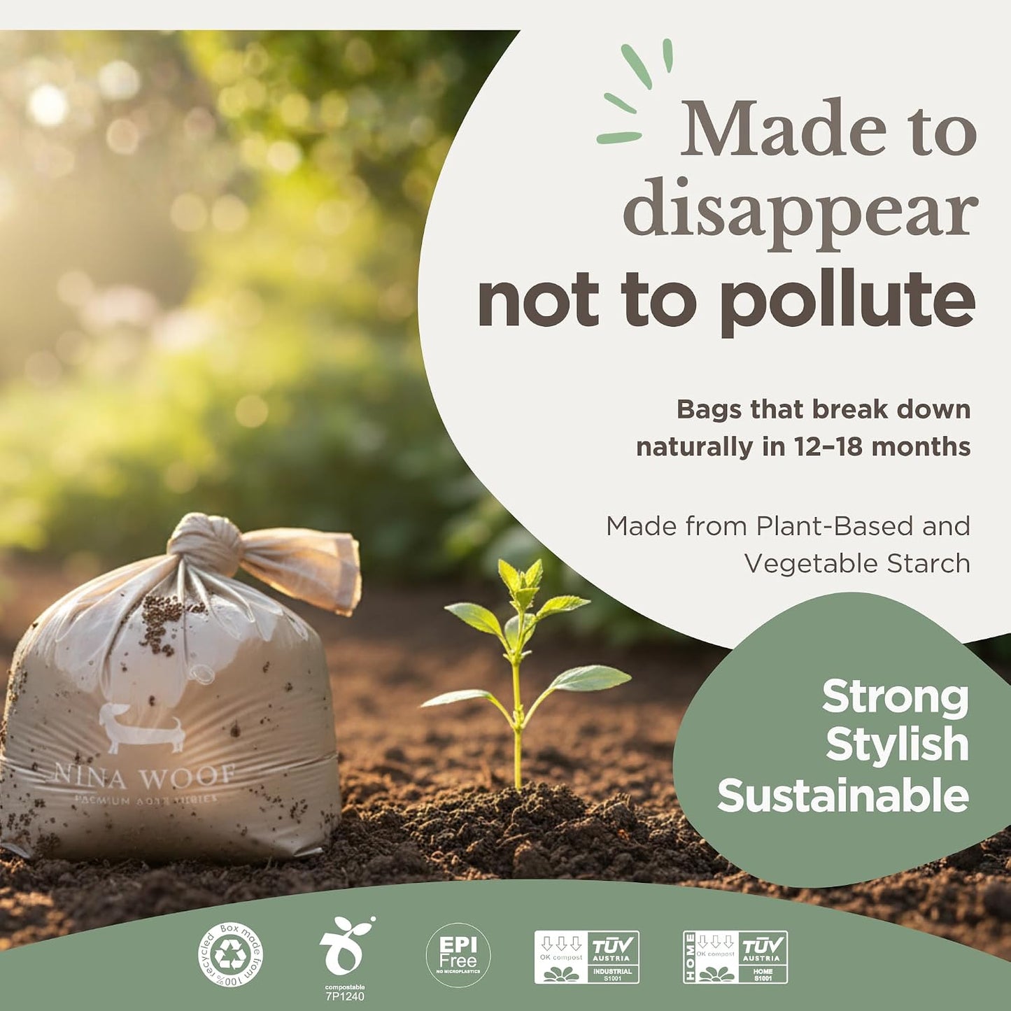 Plant based biodegradable dog waste bags roll showing perforated tear line.