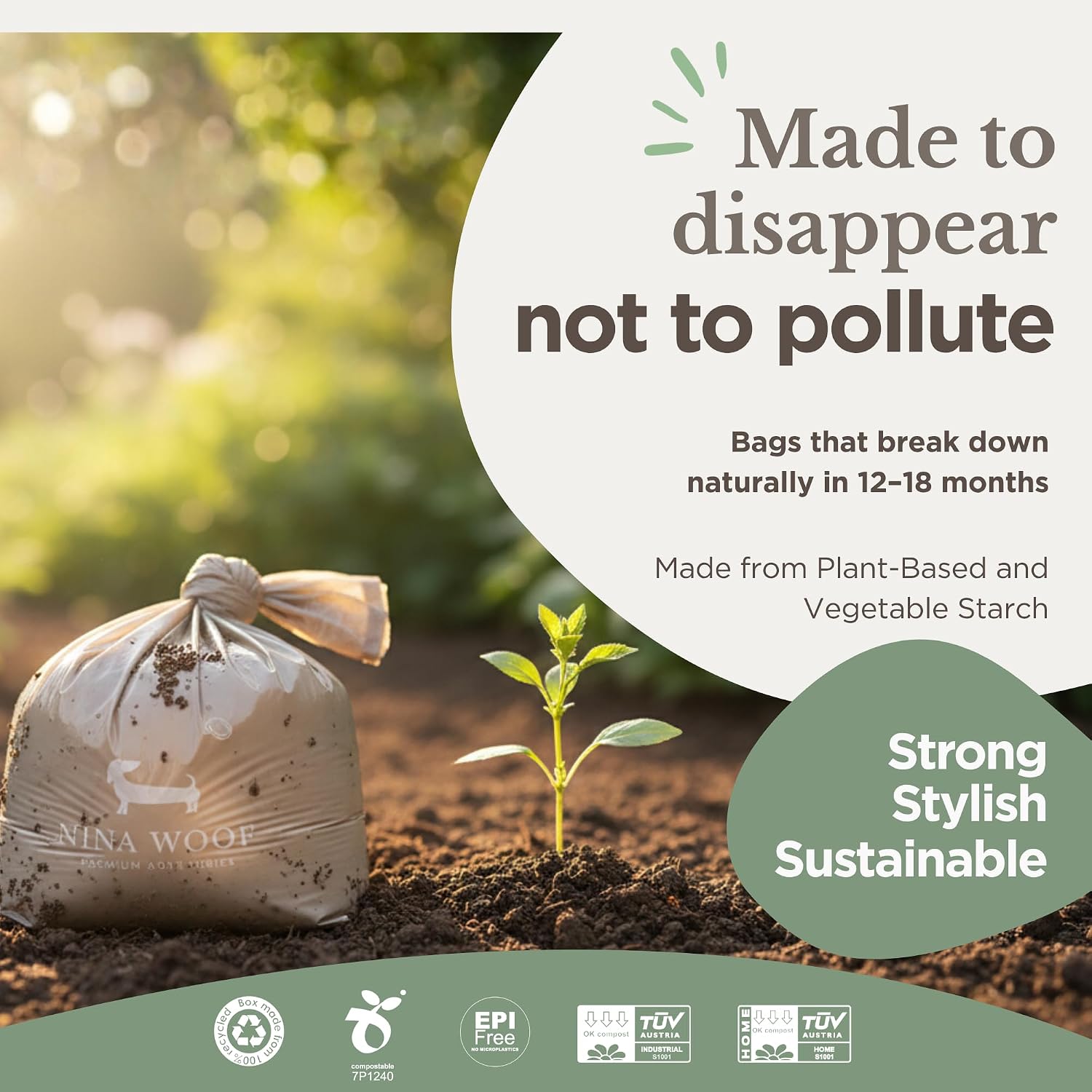 Plant based biodegradable dog waste bags roll showing perforated tear line.