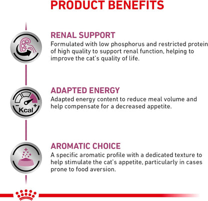 Royal Canin veterinary exclusive renal wet food can showing product details and feeding guidelines