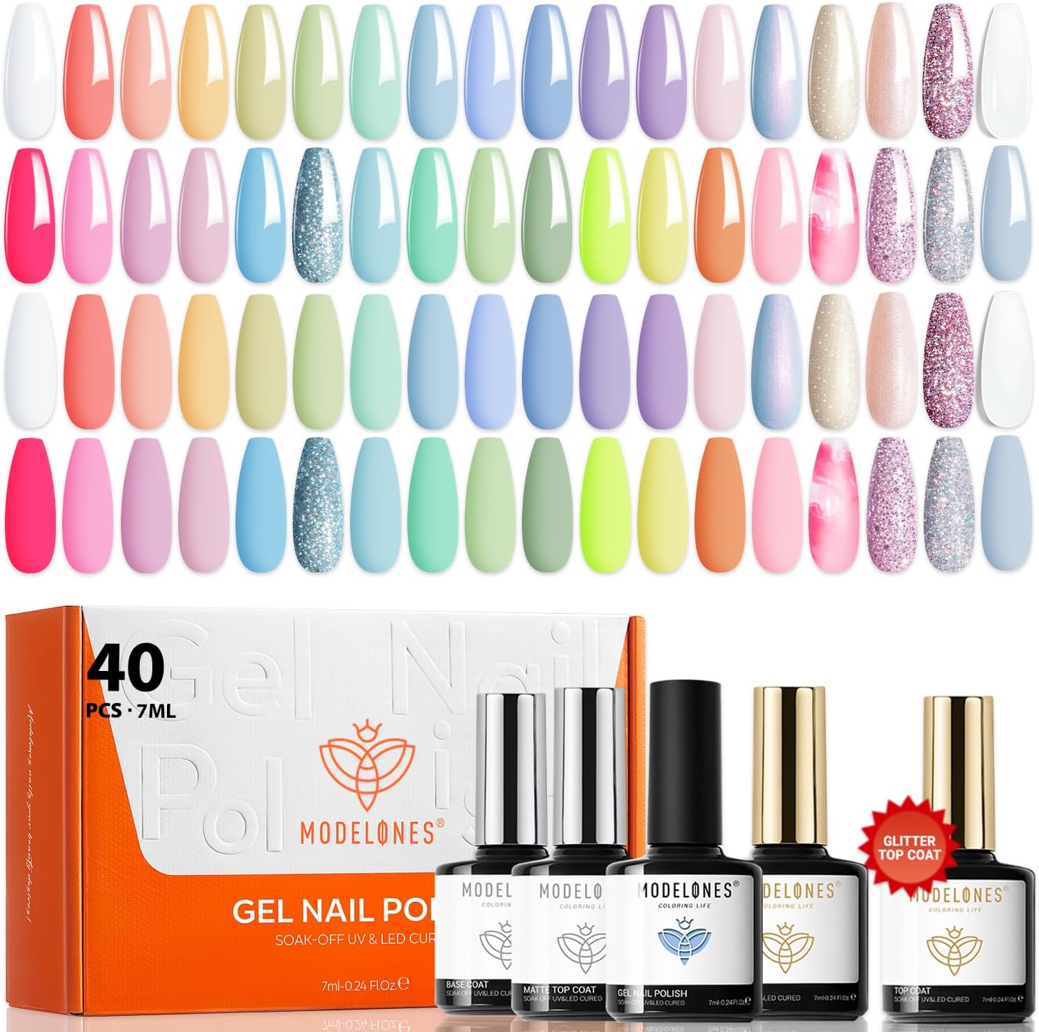 Modelones 40 piece gel nail polish kit front view with 36 colors