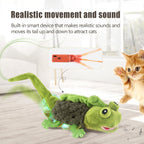 Green plush lizard cat toy by Migipaws with catnip pouch inclusion for indoor exercise
