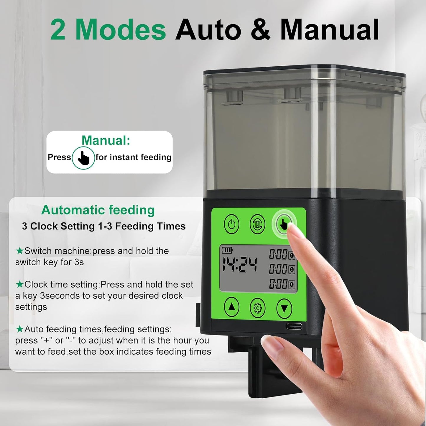 Lychee rechargeable automatic pet feeder highlighting the USB charging port and cable connection.