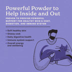 Close-up view of the powder supplement texture and natural whole food ingredients.