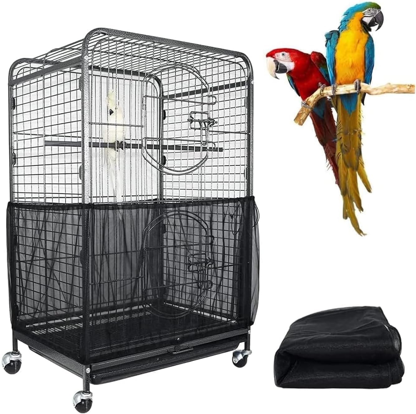 Packaging view of the authentic Asocea extra large white bird cage seed catcher guard showing product specifications.