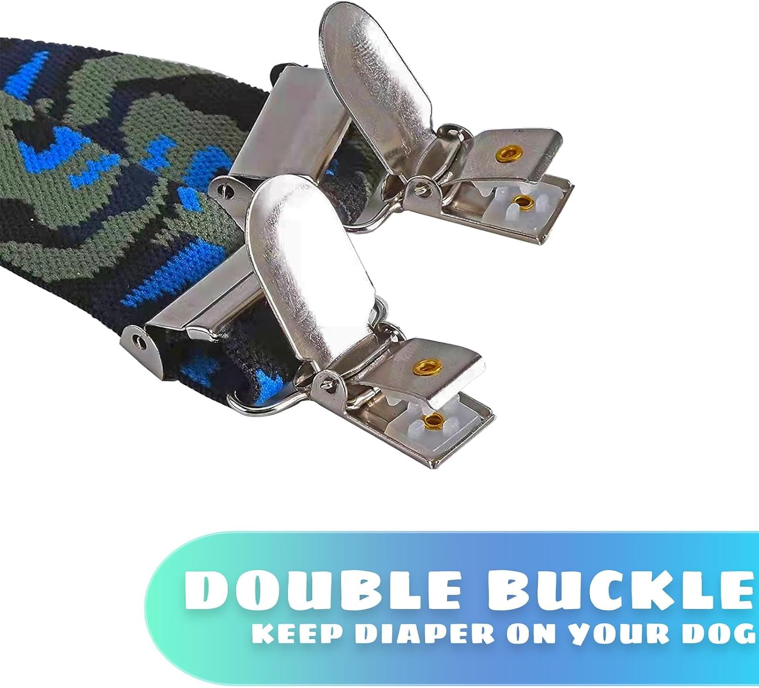 Camouflage blue dog suspenders laid flat illustrating the premium polyester stretch fabric.