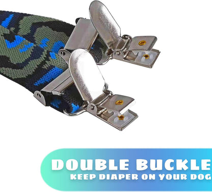Camouflage blue dog suspenders laid flat illustrating the premium polyester stretch fabric.