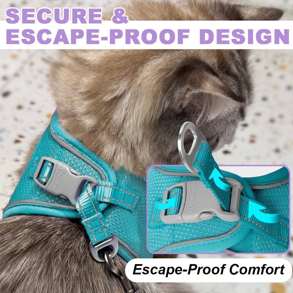 Soft breathable air mesh cat vest harness back view showing secure double metal D ring attachments.
