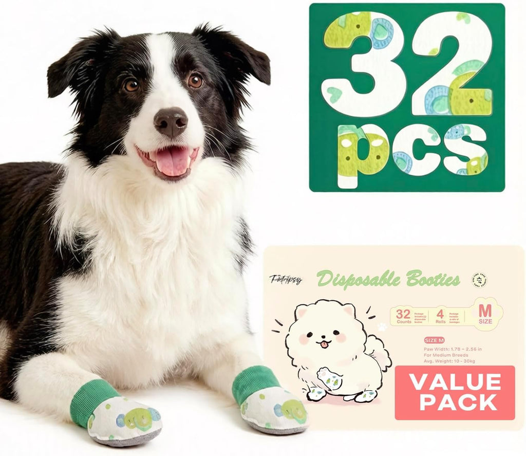Disposable Dog Booties, Dog Boots to Prevent Licking Paws, Paw Protectors for Hot Pavement and After Surgery Care, Gentle Dog Shoes with 4 Rolls Bandages, Green 32pcs (Size S: Paw Width 1.18-1.77") - Image 9
