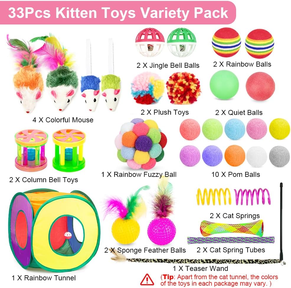 Retro Shaw interactive kitten playhouse showing variety pack including feather teaser wand and colorful plush mice.