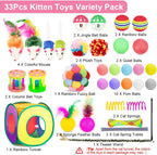Retro Shaw interactive kitten playhouse showing variety pack including feather teaser wand and colorful plush mice.
