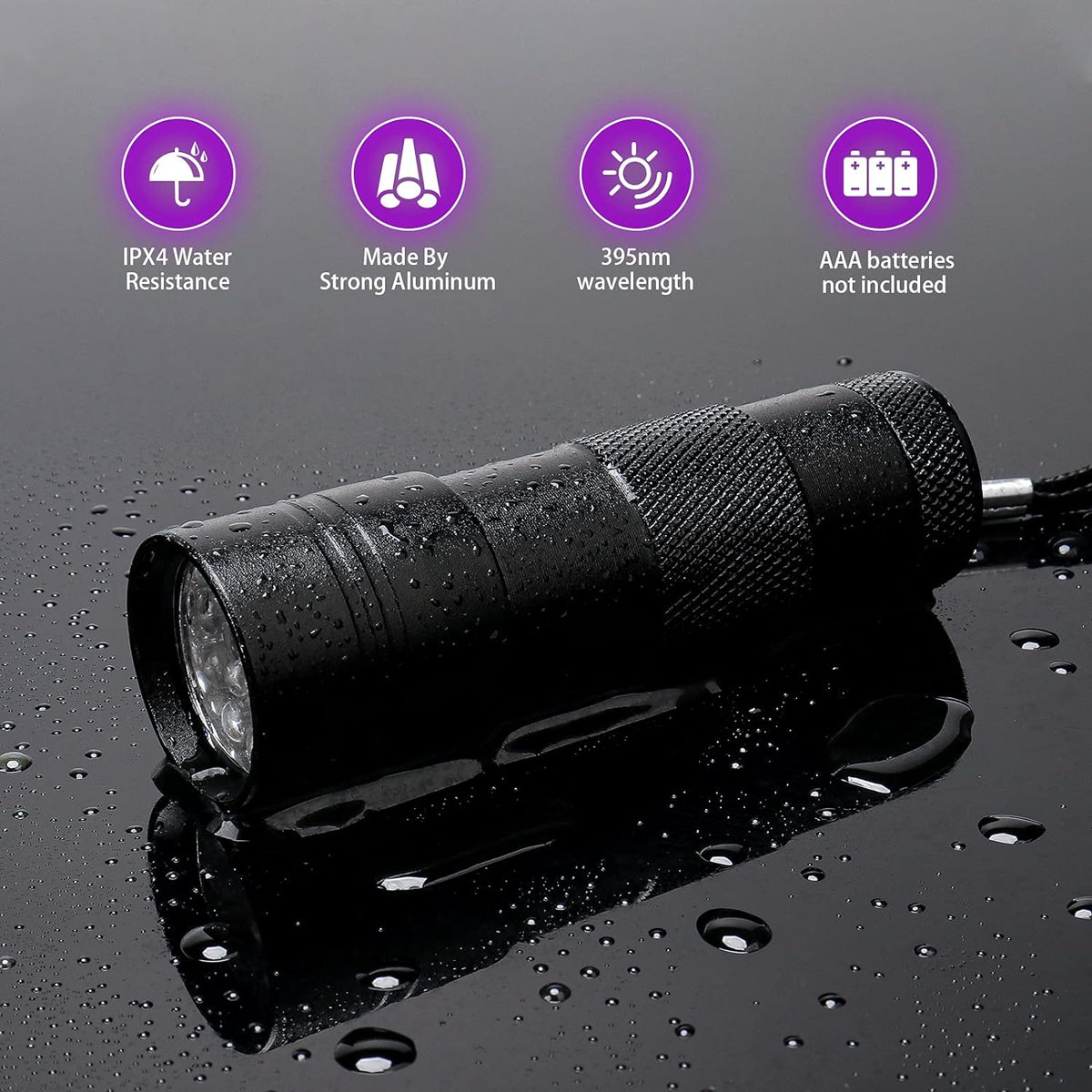 Waterproof IPX4 blacklight flashlight being exposed to water splashes during testing.
