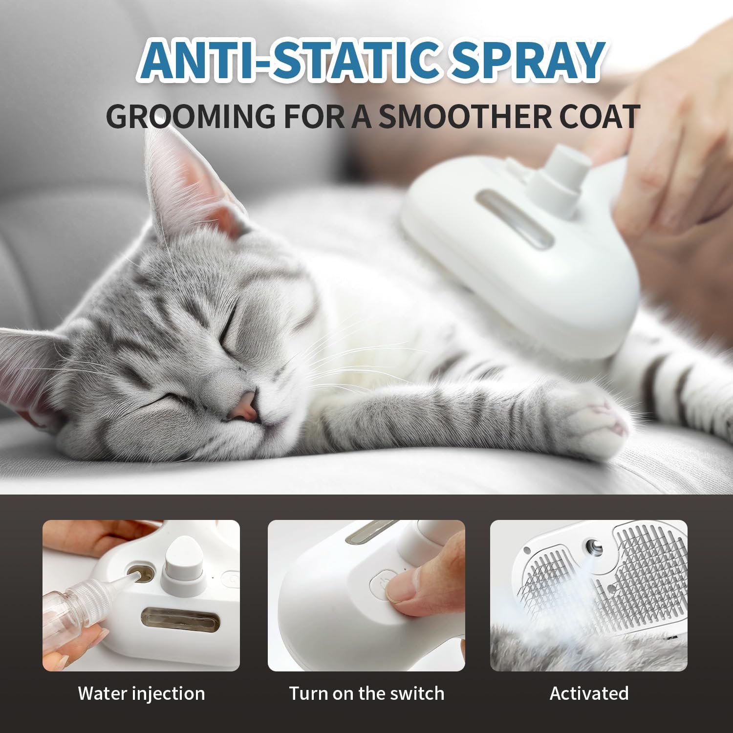 Soft silicone massage teeth details on HeroKitty white cat steam brush